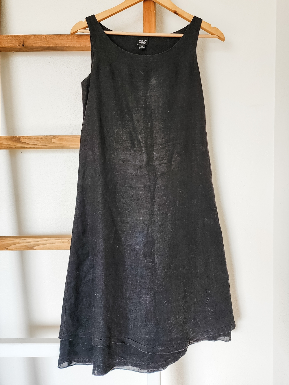 Eileen Fisher Black Irish Linen Layered Shift Dress Sleeveless Double Hem A-Line